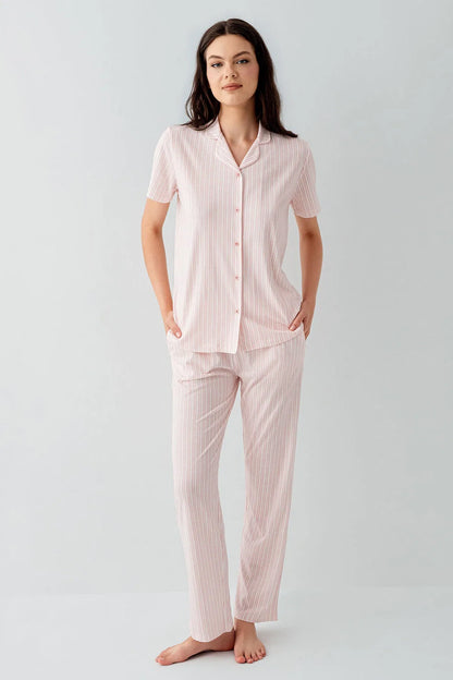 Women's Short Sleeve Cotton Modal Pink Shirt and Pajama Set