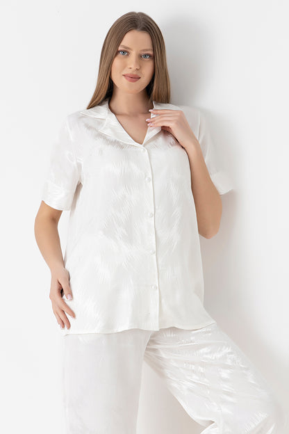 Women's Woven Satin Wide-Leg Ecru Pajama Set