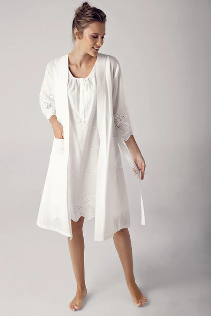 Short-Sleeve Buttoned Lace-Trimmed Woven 100% Cotton Ecru Nightgown Robe Set