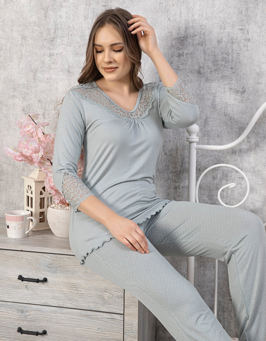 Premium Lace Detail Viscose Sage Green Pajama Set - Breathable Polka Dot Sleepwear