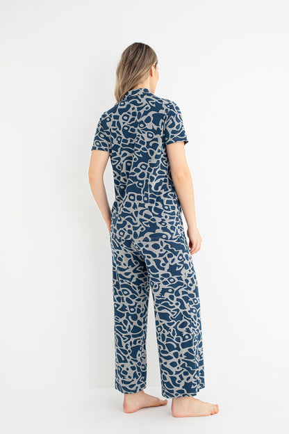 Women's 100% Cotton Short Sleeve Pajama Set - Blue & White Patterned Button-Up Sleepwear