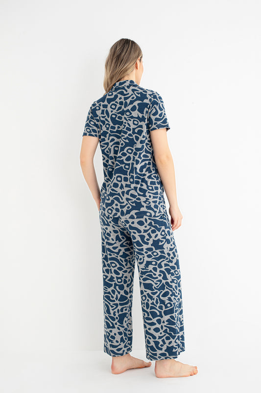 Women's 100% Cotton Short Sleeve Pajama Set - Blue & White Patterned Button-Up Sleepwear