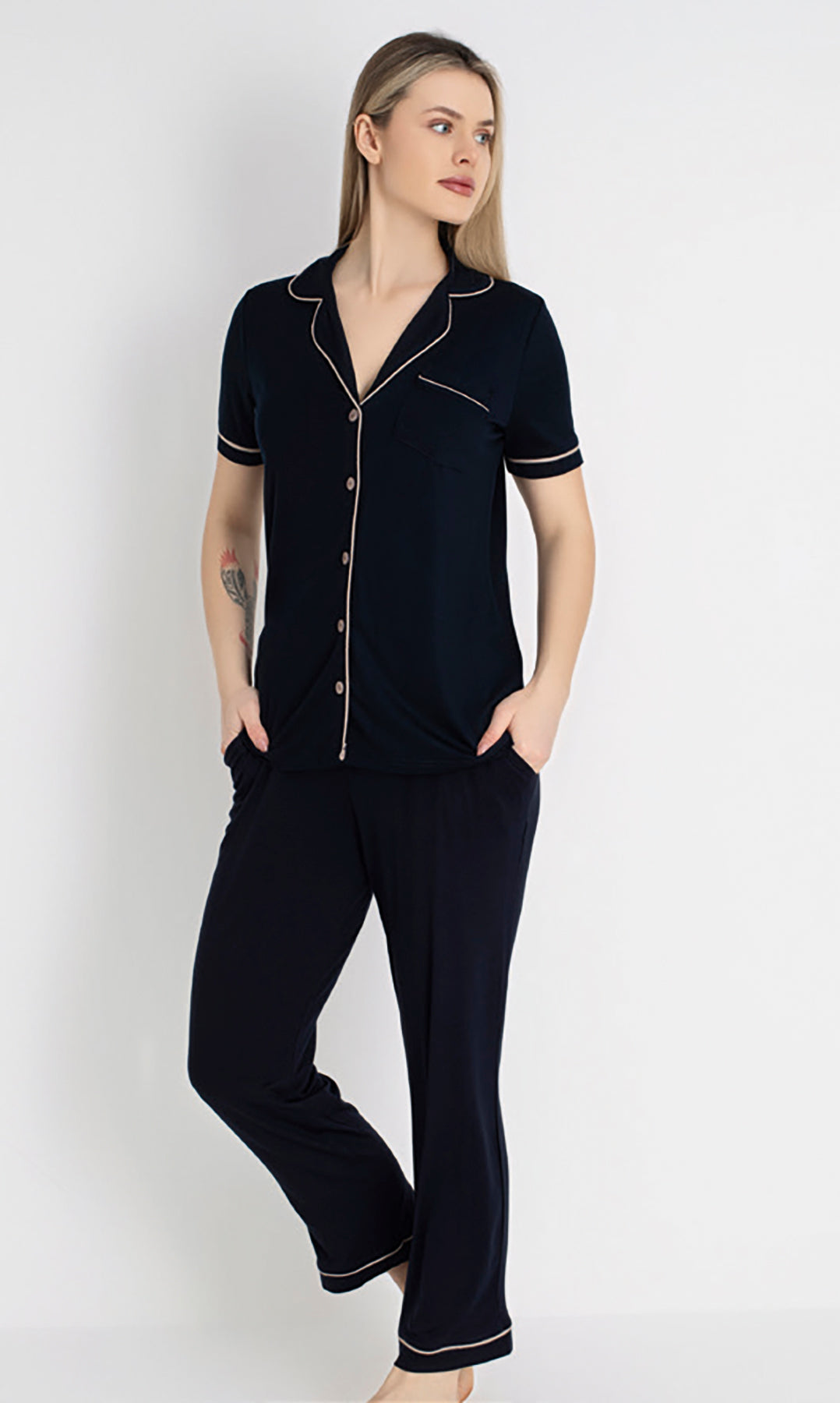 Women’s Navy Blue Cotton Pajama Set – Button-Front Short Sleeve Soft 100% Cotton Sleepwear