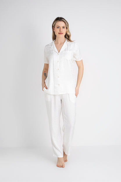 Women’s Short-Sleeve Button-Front Ecru Leopard Print Pajama Set – 100% Viscose