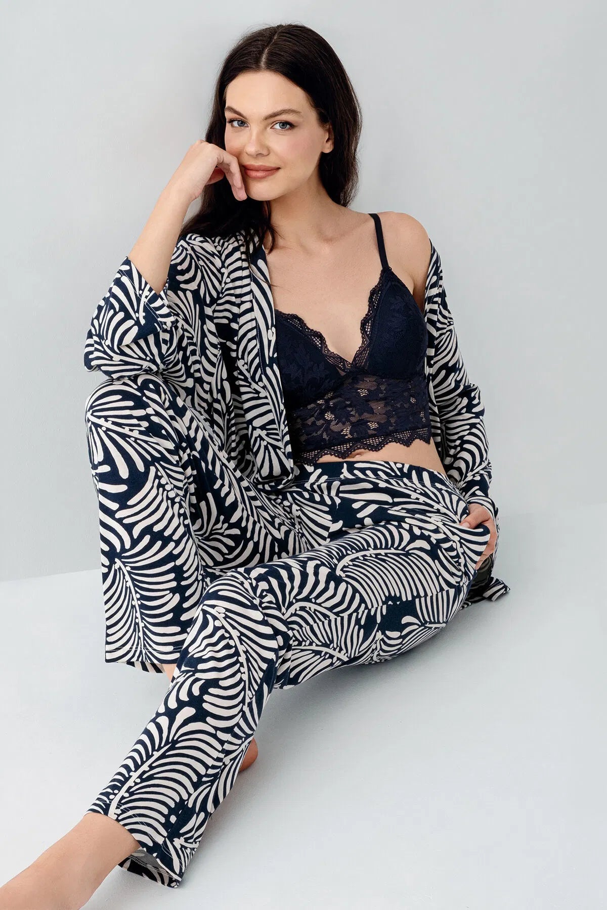 Women's Navy Blue Long Sleeve Cotton Modal 3-Piece Pajama Set