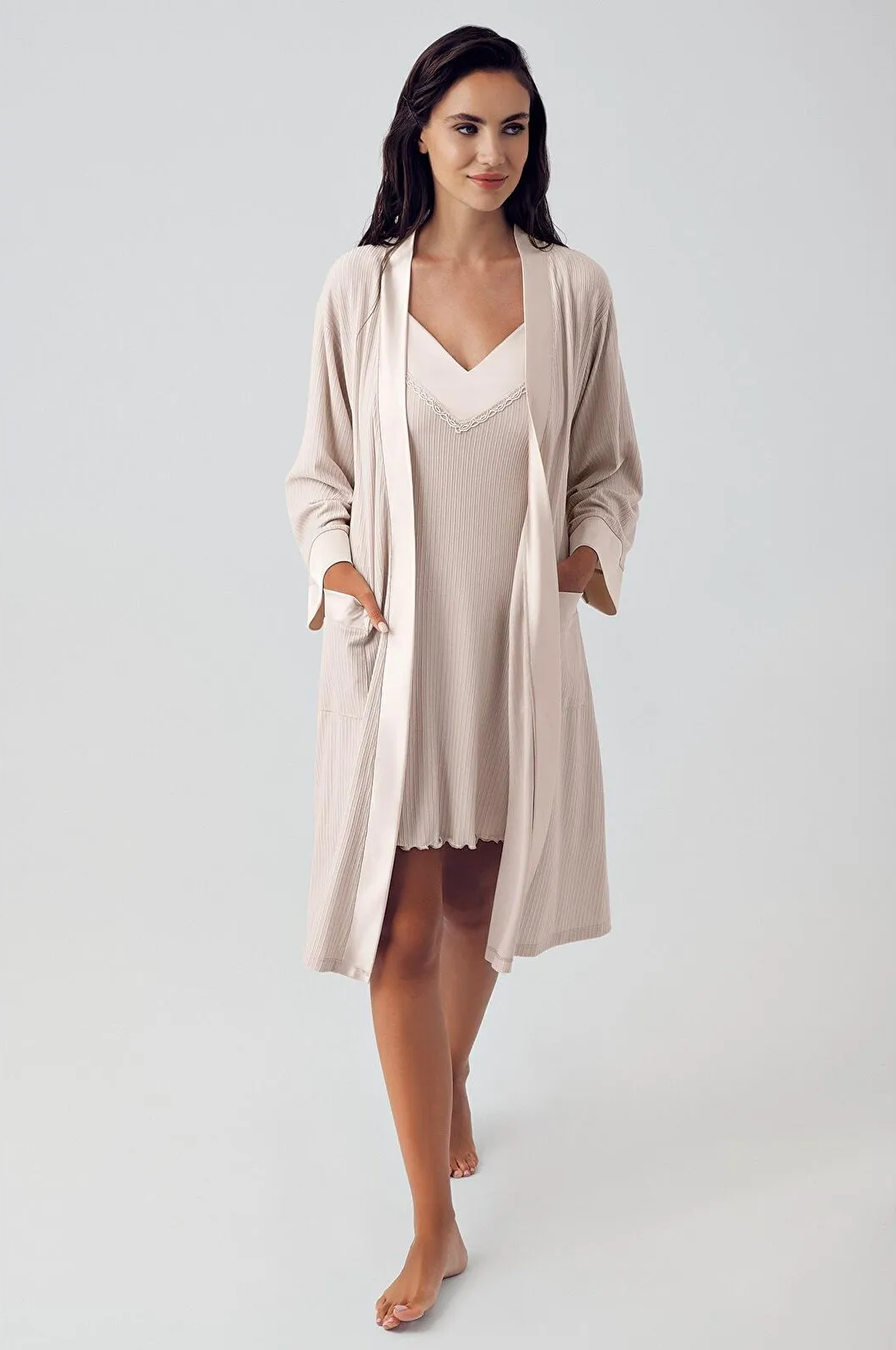 Women's Beige Flexible Viscose Short Strap Robe & Nightgown Set