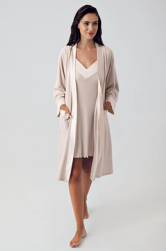 Women's Beige Flexible Viscose Short Strap Robe & Nightgown Set