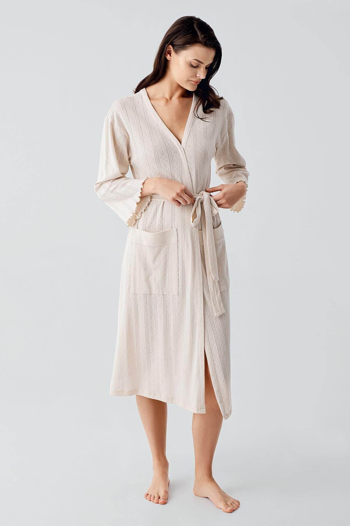 Women's Beige Long-Sleeve Crochet-Detail 100% Cotton Robe
