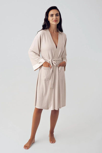 Women's Beige Long-Sleeve Flexible Viscose Short Robe
