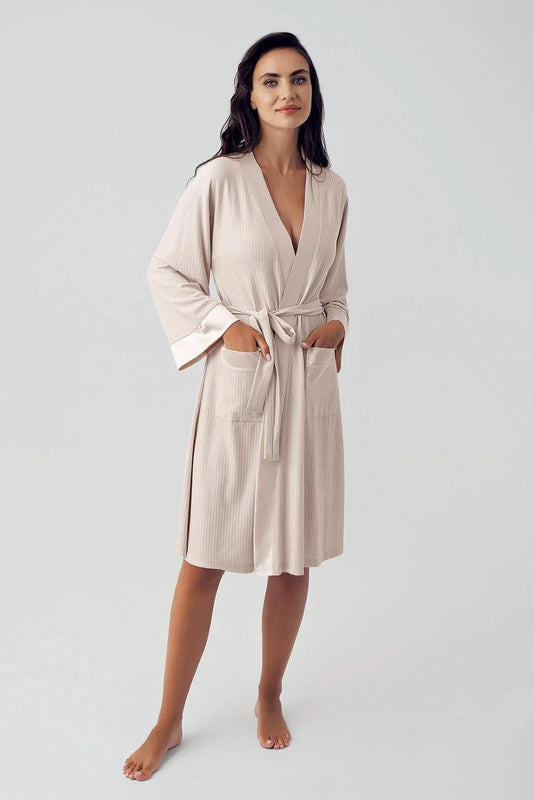Women's Beige Long-Sleeve Flexible Viscose Short Robe
