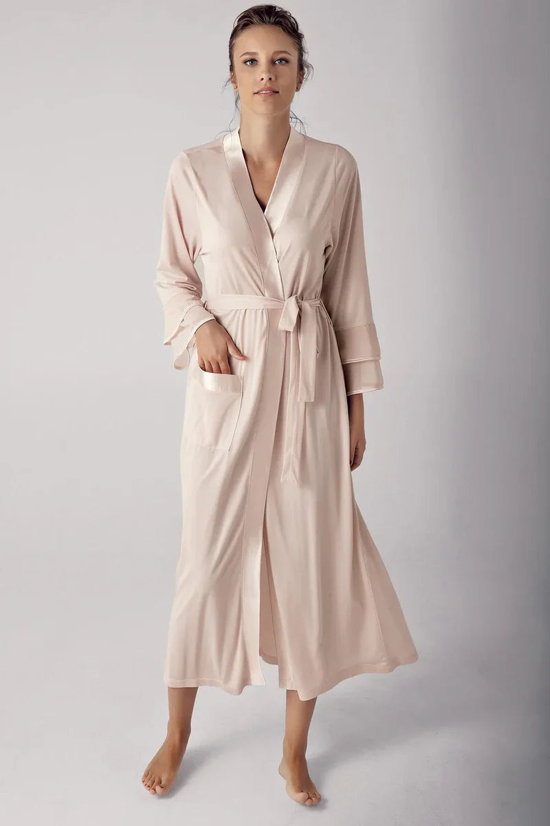 Women's Beige Long Chiffon Satin-Detail Long-Sleeve Viscose Robe