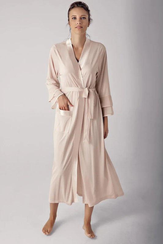 Women's Beige Long Chiffon Satin-Detail Long-Sleeve Viscose Robe