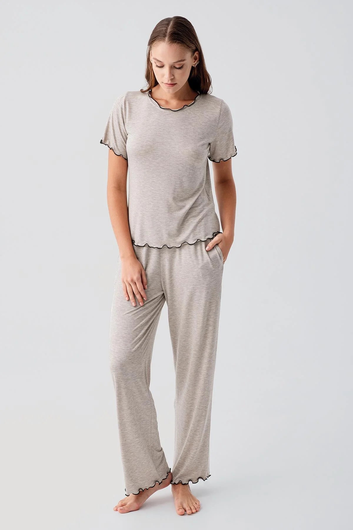 Women's Beige Melange Short-Sleeve Ruffle-Detail Comfortable Viscose Pajama Set