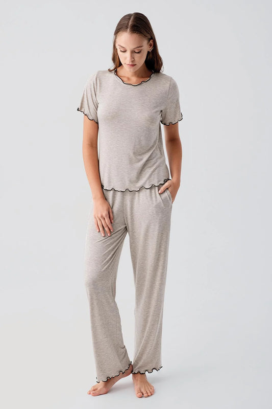 Women's Beige Melange Short-Sleeve Ruffle-Detail Comfortable Viscose Pajama Set