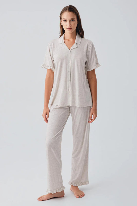 Women's Beige Short-Sleeve Buttoned Ruffle-Detail Cotton Pajama Set