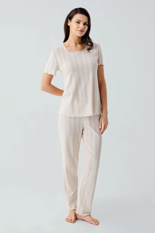 Women's Beige Short-Sleeve Crochet-Detail 100% Cotton Pajama Set