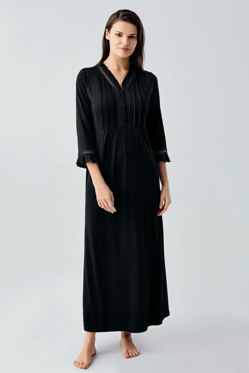 Women's Black Lace-Detail Buttoned Long-Sleeve Viscose Nightgown