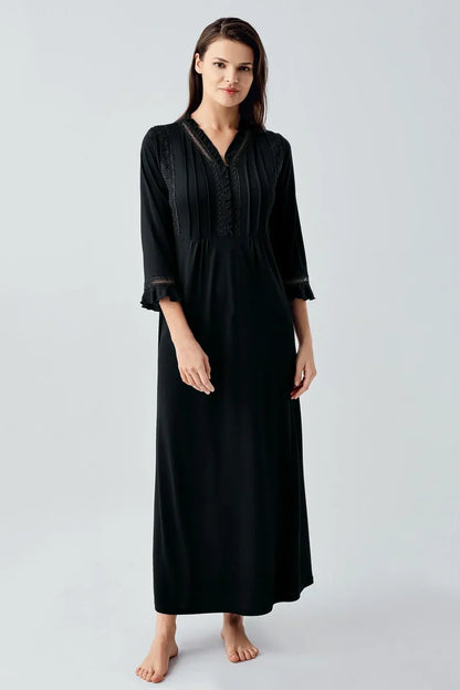 Women's Black Lace-Detail Buttoned Long-Sleeve Viscose Nightgown