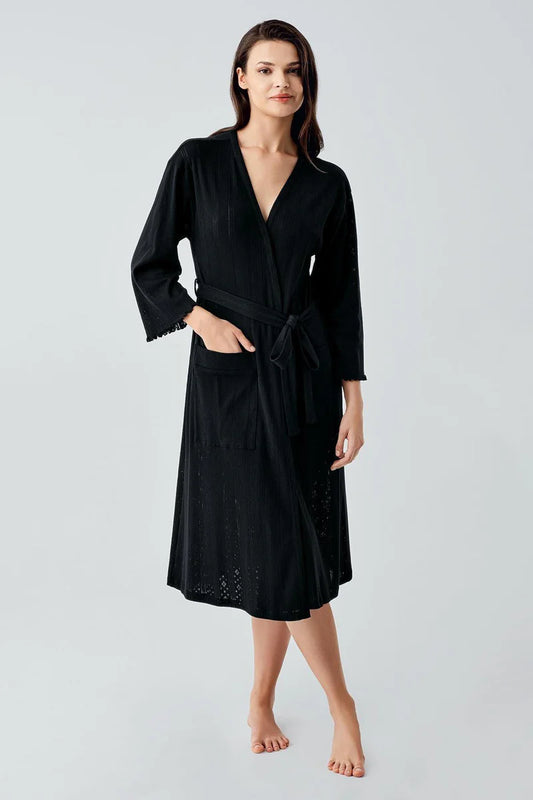 Women's Black Long-Sleeve Crochet-Detail 100% Cotton Robe