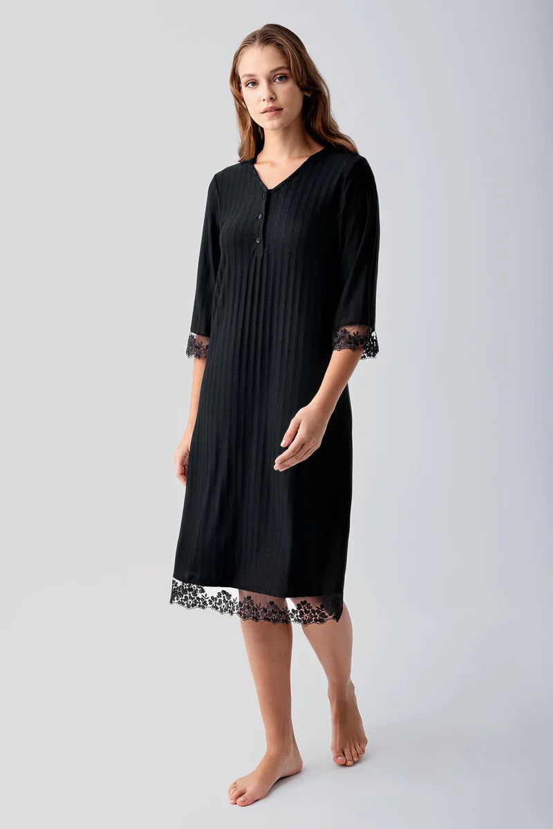Women's Black Long-Sleeve Lace-Detail Buttoned Flexible Viscose Nightgown