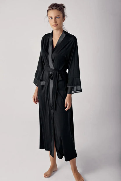 Women's Black Long Chiffon Satin-Detail Long-Sleeve Viscose Robe
