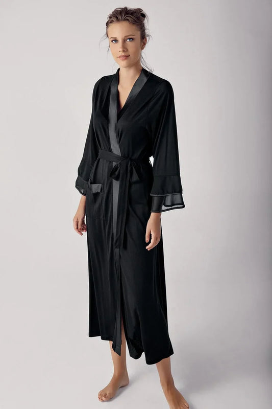 Women's Black Long Chiffon Satin-Detail Long-Sleeve Viscose Robe