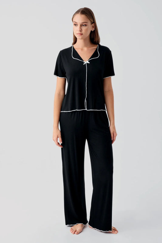 Women's Black Short-Sleeve Bow-Detail Viscose Pajama Set