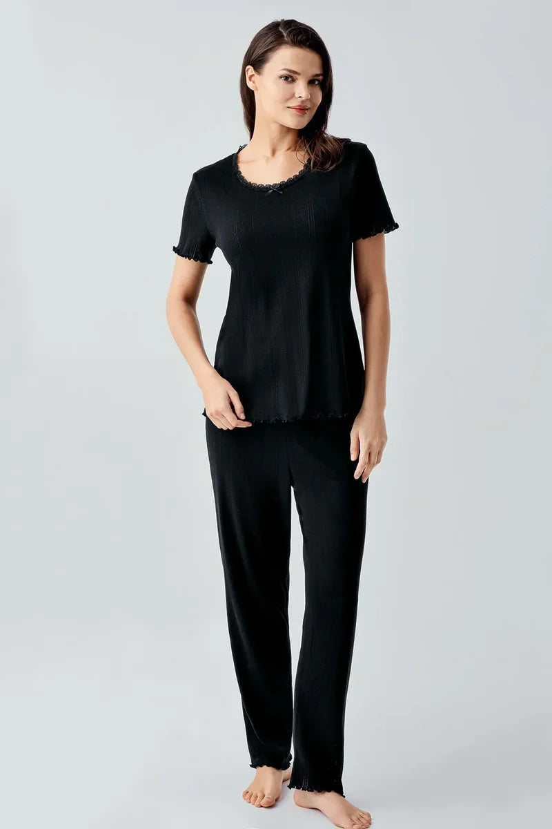 Women's Black Short-Sleeve Crochet-Detail 100% Cotton Pajama Set