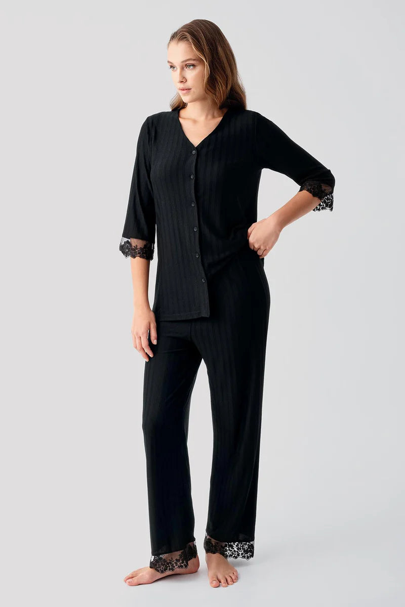 Women's Black Short-Sleeve Lace-Detail Buttoned Flexible Viscose Pajama Set