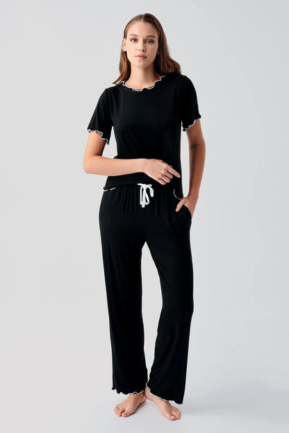 Women's Black Short-Sleeve Ruffle-Detail Comfortable Viscose Pajama Set