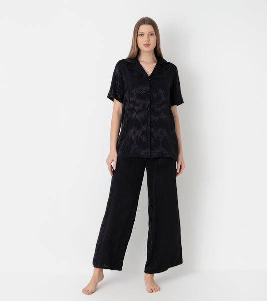Women's Woven Satin Wide-Leg Black Pajama Set