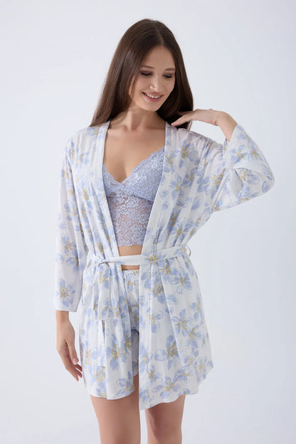 Women's Blue 3-Piece Cotton Modal Robe Set