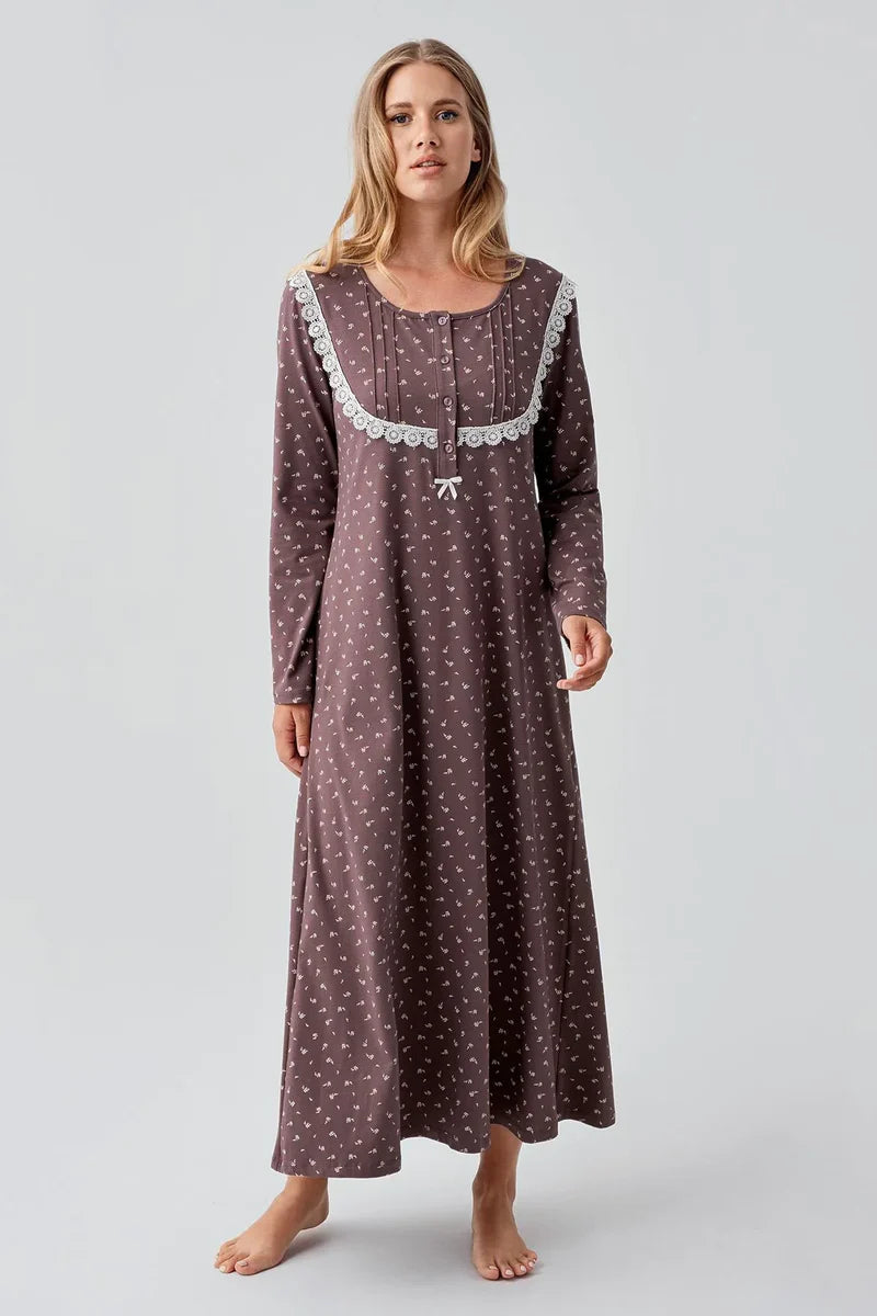 Women's Brown Long-Sleeve Patterned Buttoned Flexible Cotton Nightgown