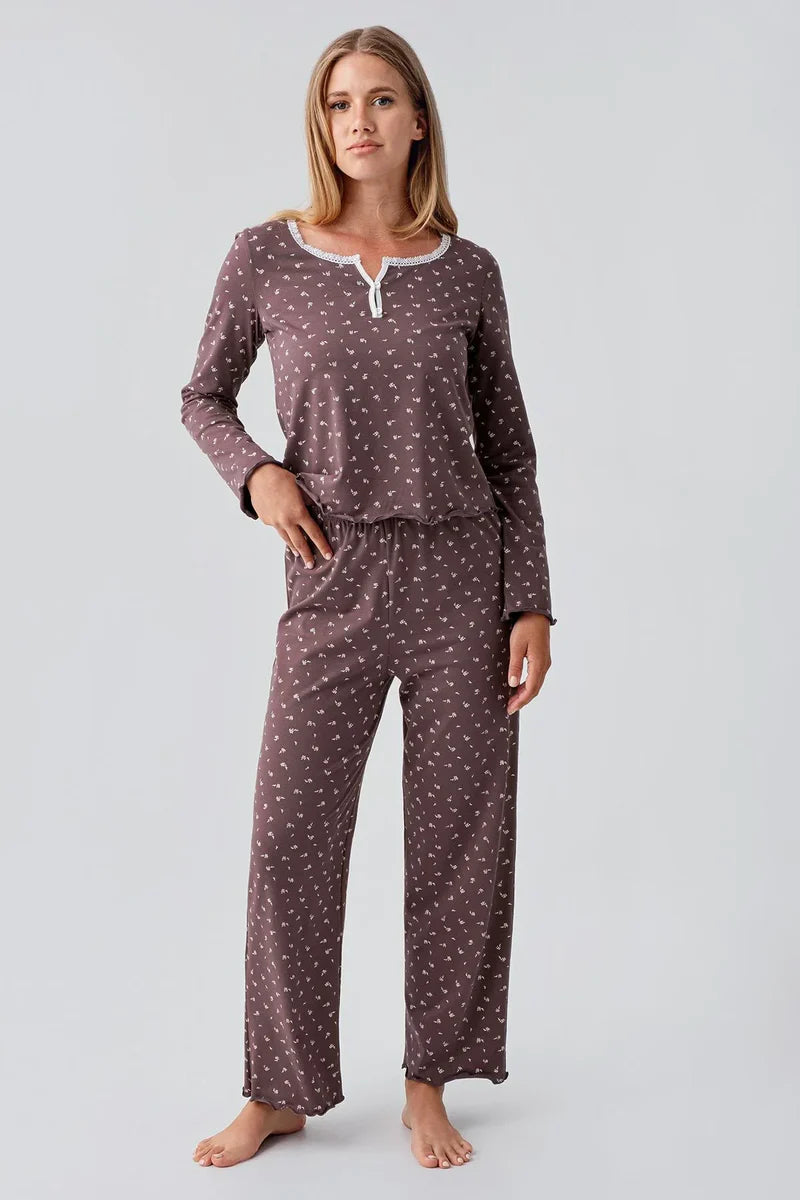 Women's Brown Long-Sleeve Patterned Buttoned Flexible Cotton Pajama Set