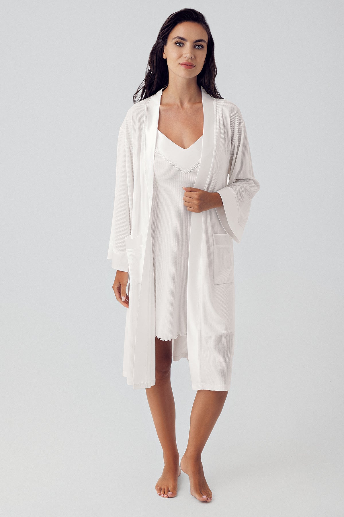Women's Ecru Flexible Viscose Short Strap Robe & Nightgown Set