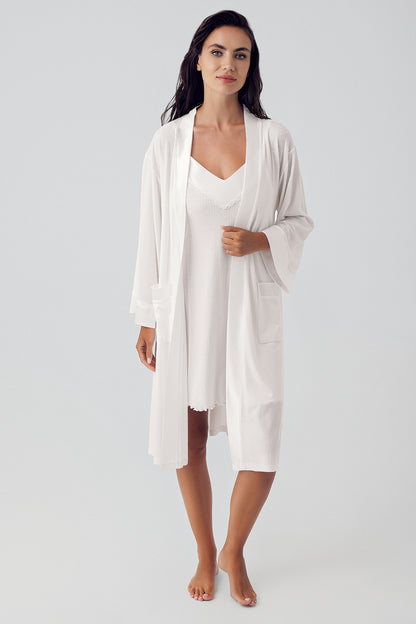 Women's Ecru Flexible Viscose Short Strap Robe & Nightgown Set