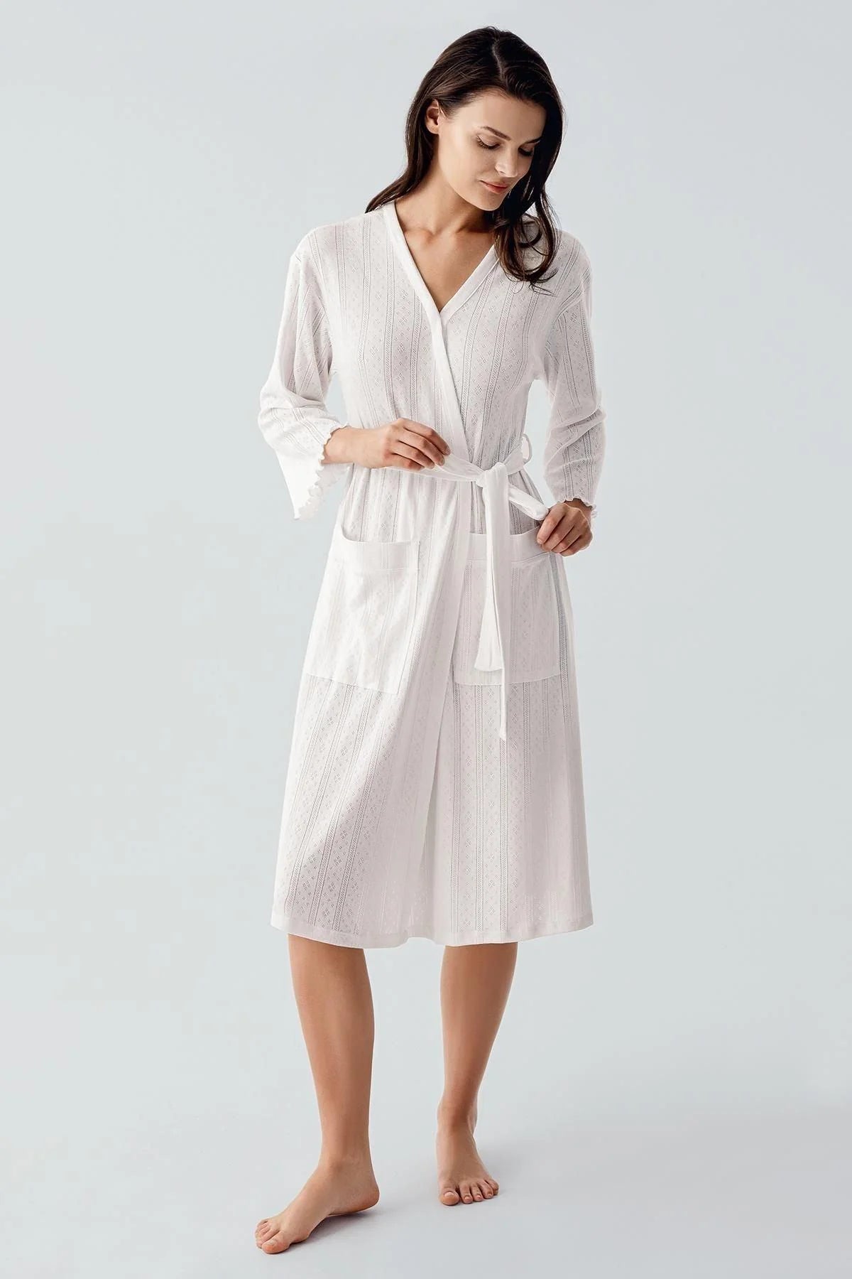 Women's Ecru Long-Sleeve Crochet-Detail 100% Cotton Robe