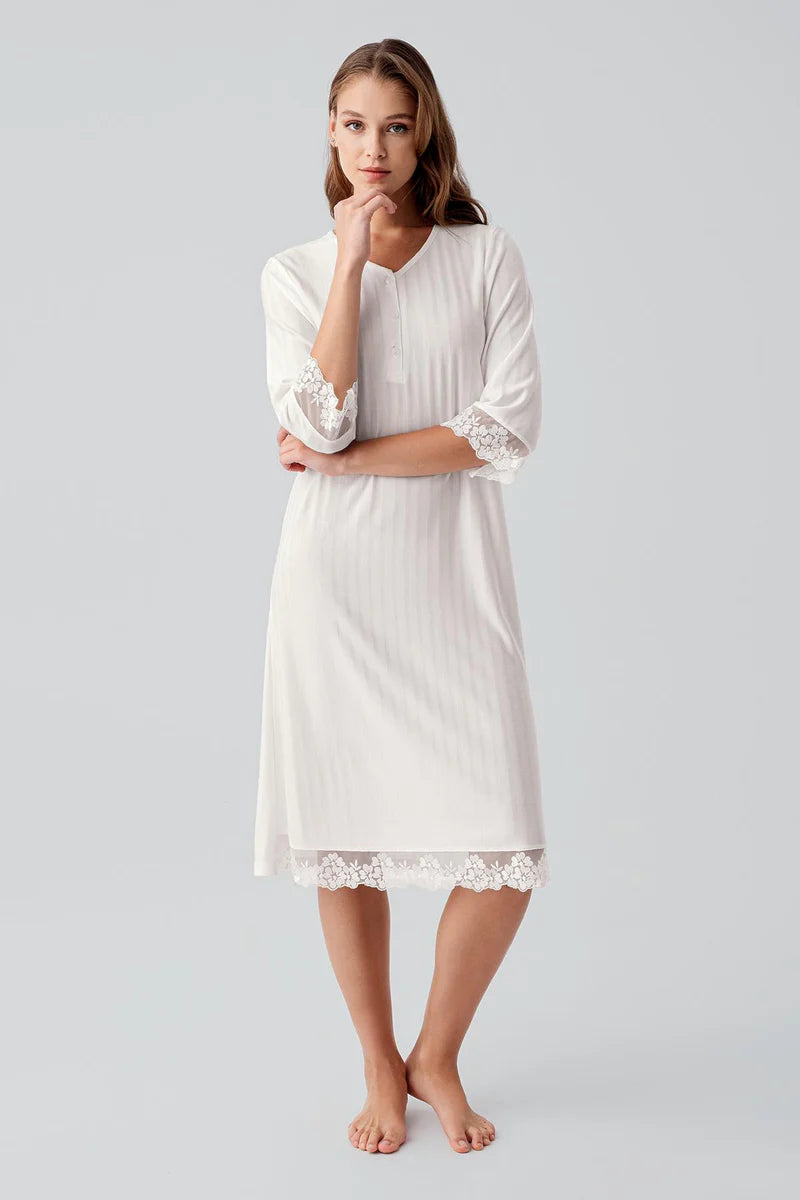Women's Ecru Long-Sleeve Lace-Detail Buttoned Flexible Viscose Nightgown