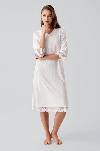 Women's Ecru Long-Sleeve Lace-Detail Buttoned Flexible Viscose Nightgown