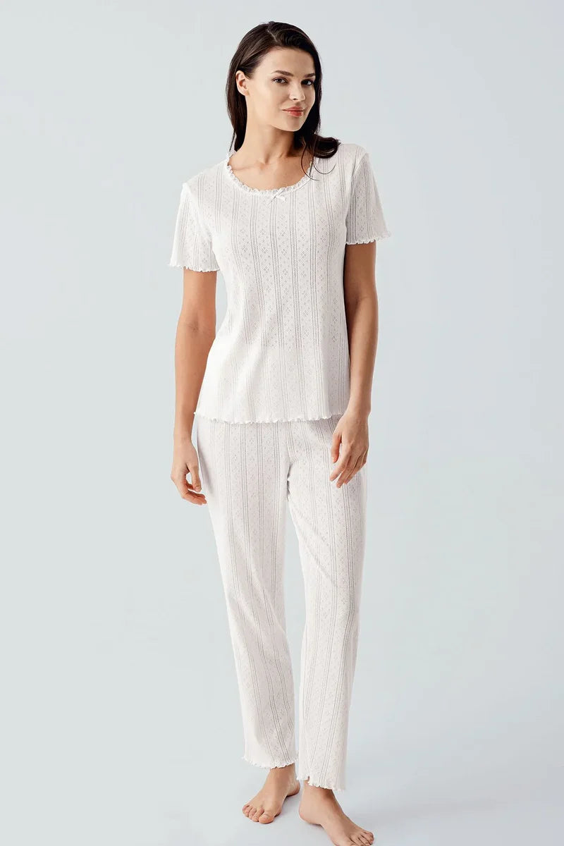 Women's Ecru Short-Sleeve Crochet-Detail 100% Cotton Pajama Set