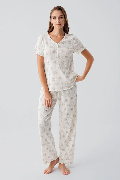 Women's Ecru Short-Sleeve Floral Pattern Buttoned Crochet-Detail 100% Cotton Pajama Set