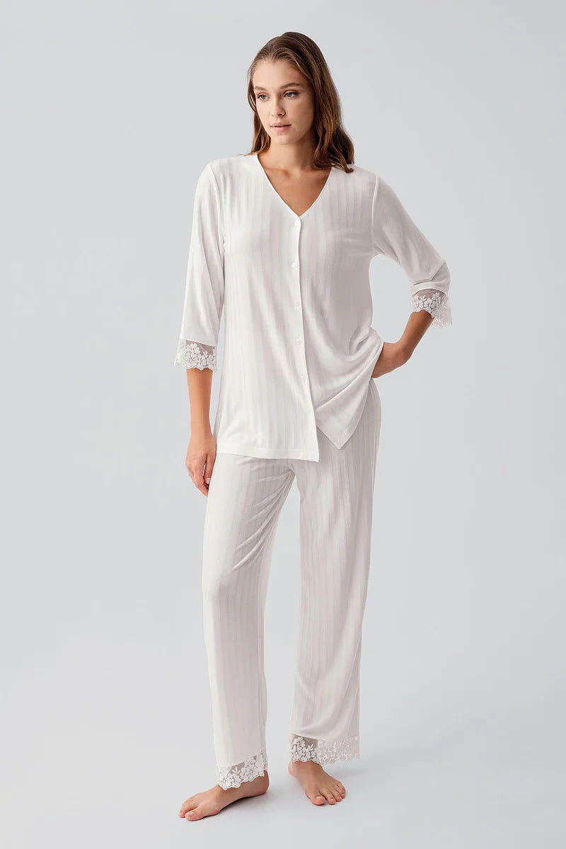 Women's Ecru Short-Sleeve Lace-Detail Buttoned Flexible Viscose Pajama Set