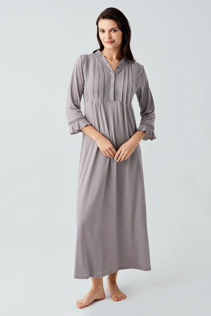 Women's Gray Lace-Detail Buttoned Long-Sleeve Viscose Nightgown