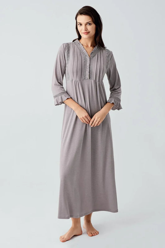 Women's Gray Lace-Detail Buttoned Long-Sleeve Viscose Nightgown