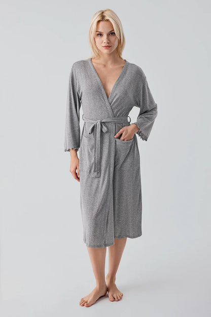 Women's Gray Melange Long-Sleeve Crochet-Detail 100% Cotton Robe