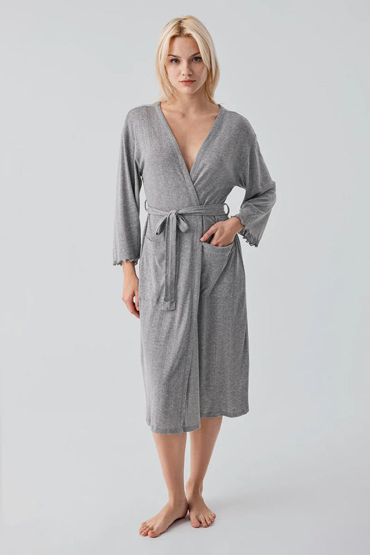 Women's Gray Melange Long-Sleeve Crochet-Detail 100% Cotton Robe