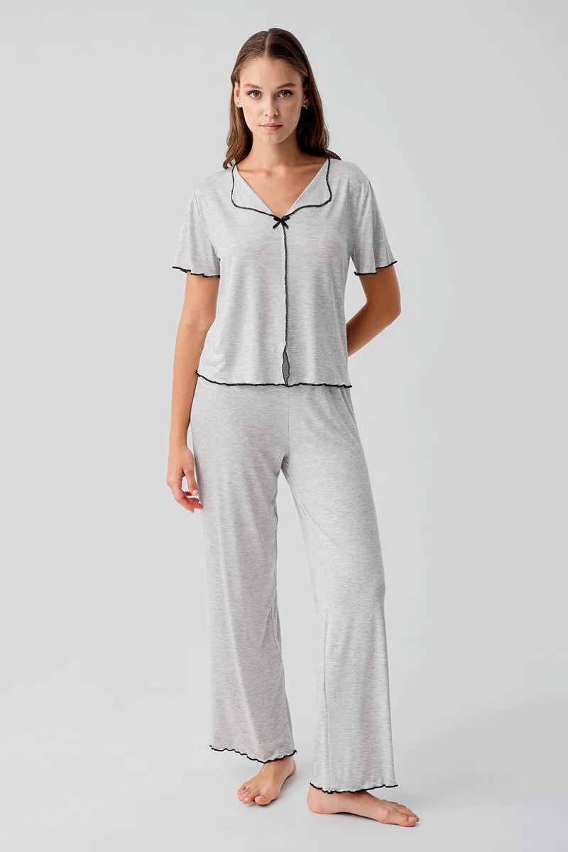 Women's Gray Melange Short-Sleeve Bow-Detail Viscose Pajama Set