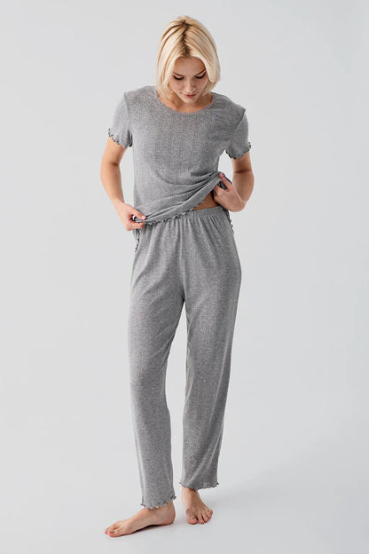 Women's Gray Melange Short-Sleeve Crochet-Detail 100% Cotton Pajama Set