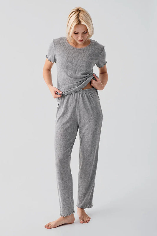Women's Gray Melange Short-Sleeve Crochet-Detail 100% Cotton Pajama Set