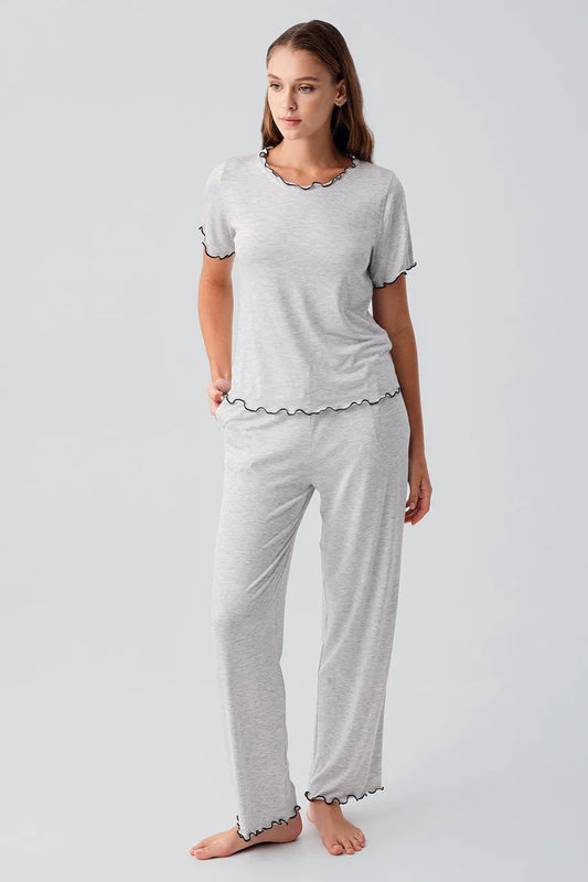 Women's Gray Melange Short-Sleeve Ruffle-Detail Comfortable Viscose Pajama Set